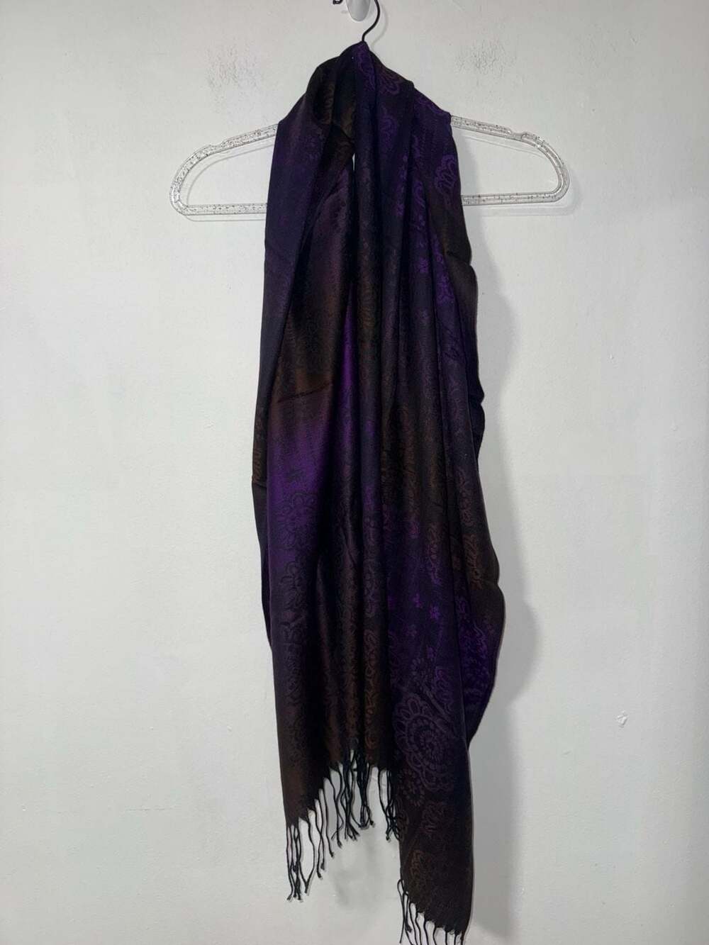 Pashmina Scarf Purple Brown Floral Jacquard Fring